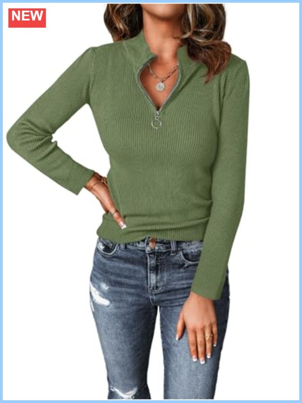 Women's Quarter Zip Rib Knit Fitted Sweater Long Sleeve Pullover